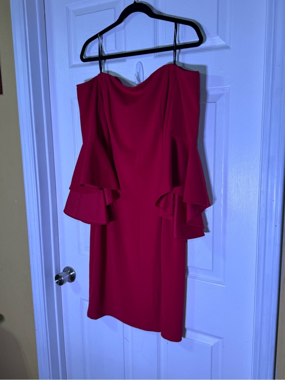 Calvin Klein Red Off-Shoulder Ruffle-Sleeve Sheath Dress - Picture 4 of 11